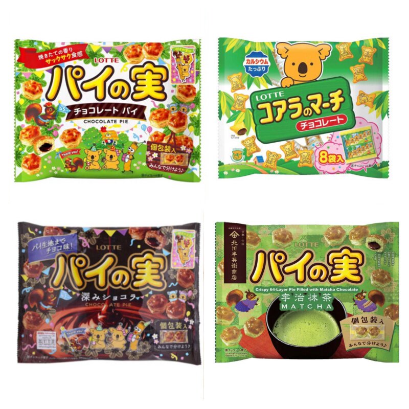 日本进口LOTTE乐天巧克力夹心千层酥泡芙饼干袋装小熊仔考拉饼干