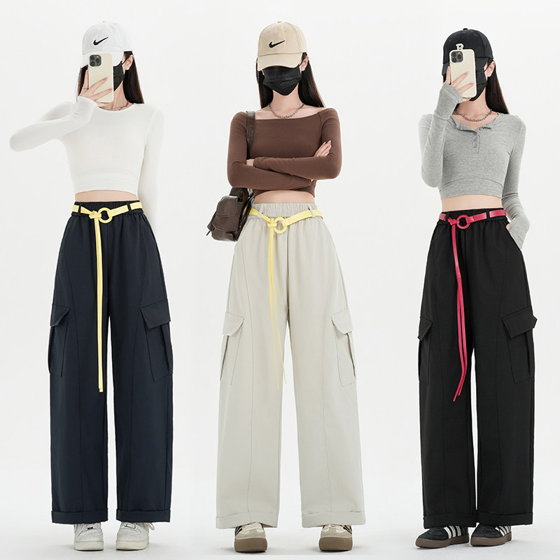 包邮2026春夏款百搭时尚高腰显瘦休闲直筒翻边工装裤女配腰带