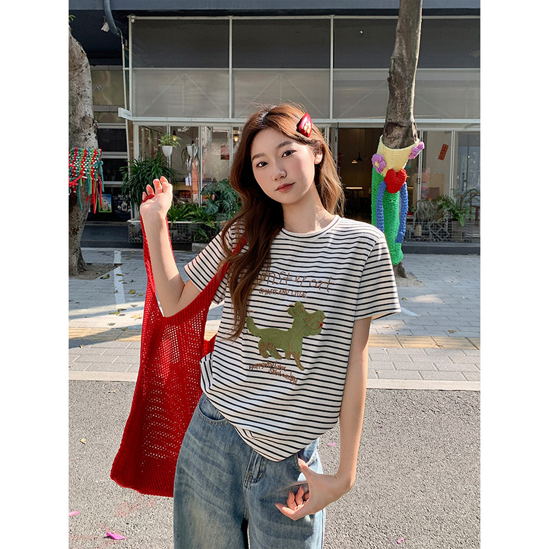 包邮包邮撞色条纹卡通印花圆领短袖t恤女2026新款宽松休闲正肩小