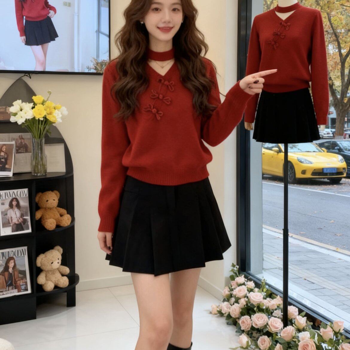 包邮新年红色新中式复古盘扣V领上衣内搭打底针织衫女秋冬