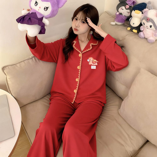 春秋季纯棉睡衣女红色本命年大红翻领开衫结婚喜庆甜美家居服套装