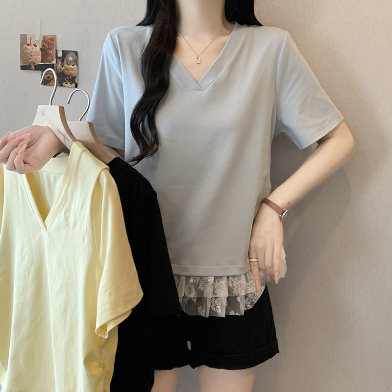 包邮2026夏装新款胖mm大码女v领拼接蕾丝花边掐腰短袖T恤