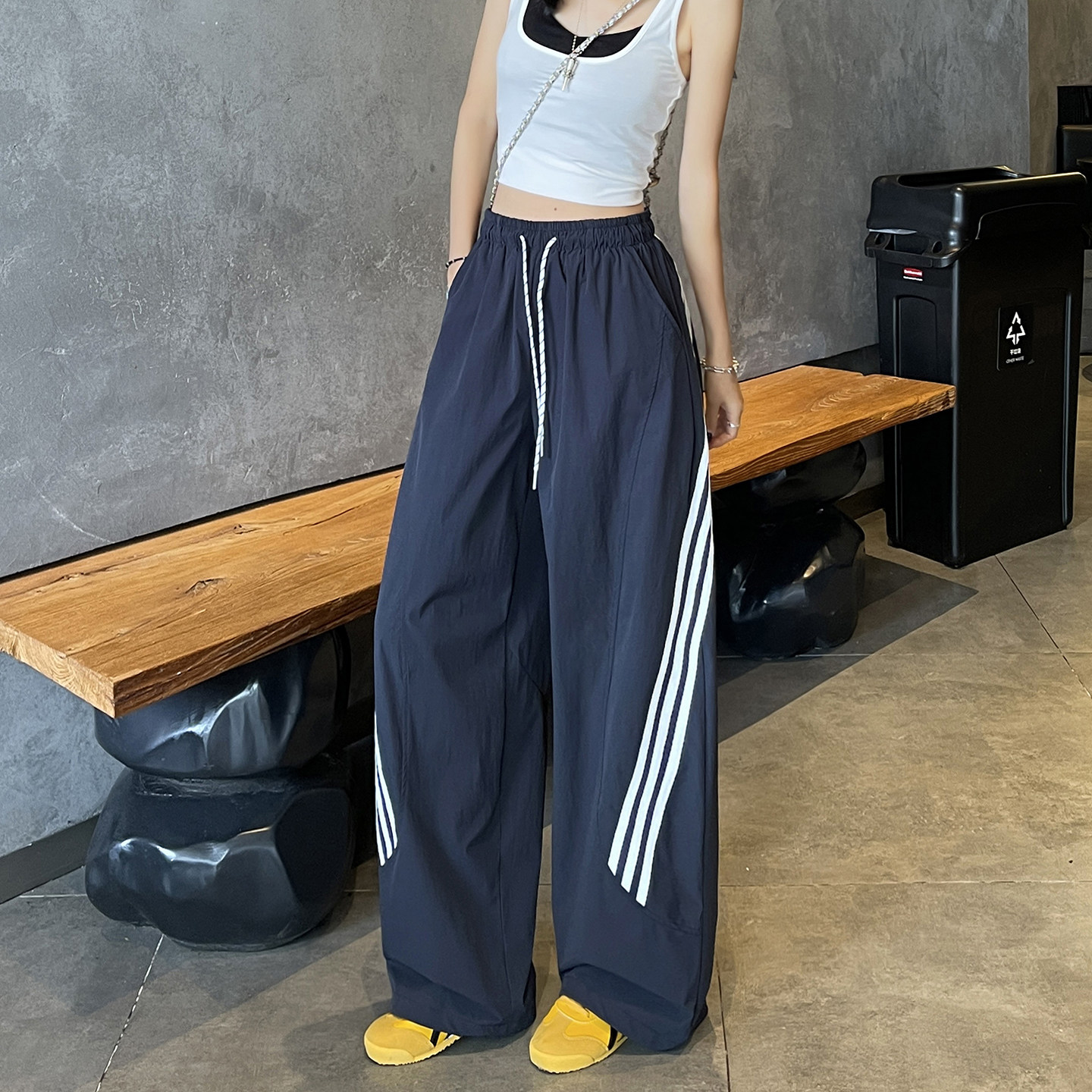包邮包邮条纹速干工装裤女夏季薄款冰丝阔腿直筒裤宽松两穿束脚运