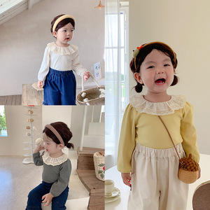 包邮女童打底衫2023季新品女宝宝三色花边领坑条打底衫长袖上衣
