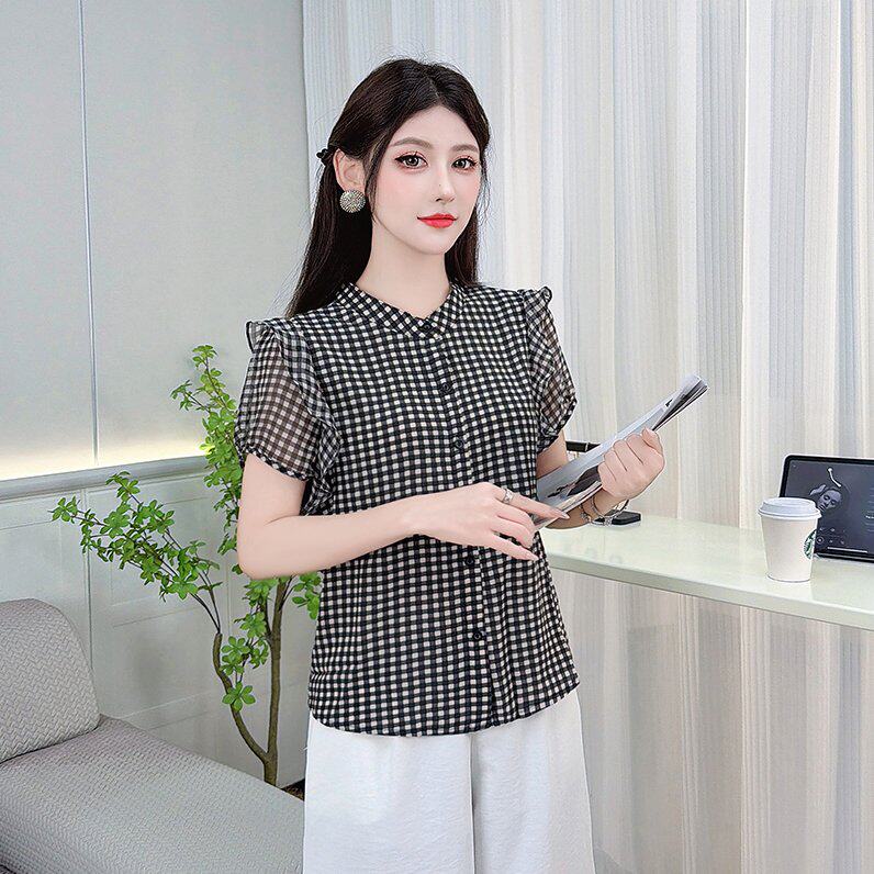 包邮格子短袖雪纺衫女装2026新款夏季设计感气质女士衬衣减龄上衣