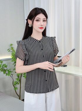 包邮格子短袖雪纺衫女装2026新款夏季设计感气质女士衬衣减龄上衣