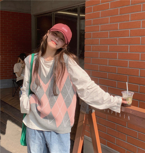包邮 复古学院风菱格针织马甲