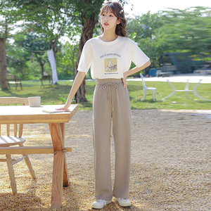 包邮百搭休闲宽松型阔腿裤长裤系绳工艺学生短袖纯棉套装