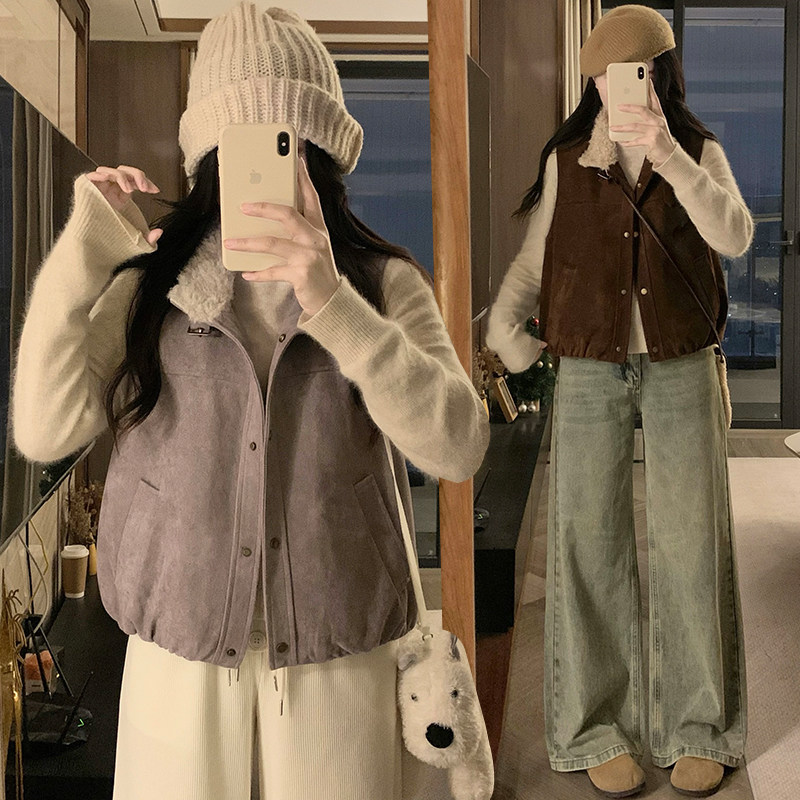 包邮立领麂皮绒马甲外套女秋冬款气质时尚厚款加棉保暖坎肩