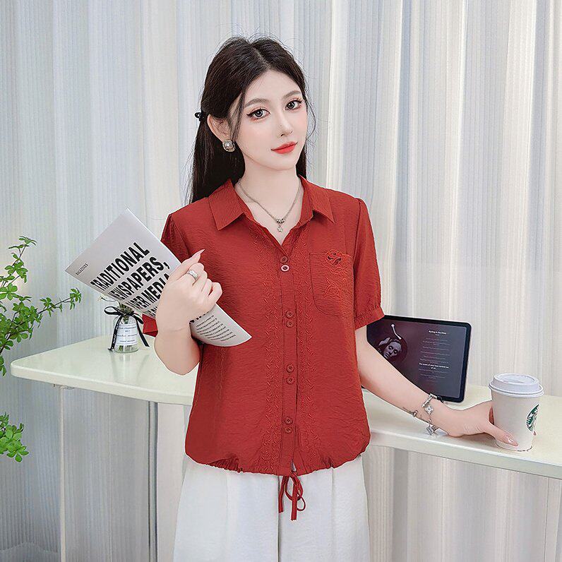 包邮包邮时尚绣花短袖衬衫女夏季新款抽绳系带宽松遮肚子显瘦气质
