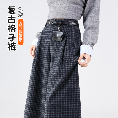 包邮包邮复古格子毛呢阔腿裤女2026秋冬新款高腰休闲宽松直筒九分