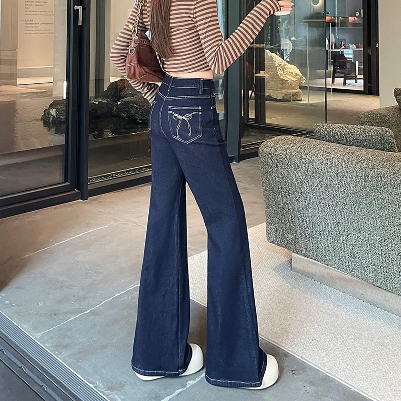 包邮秋季后袋绣花牛仔喇叭长裤女2026新款高腰显瘦小个子版型微喇