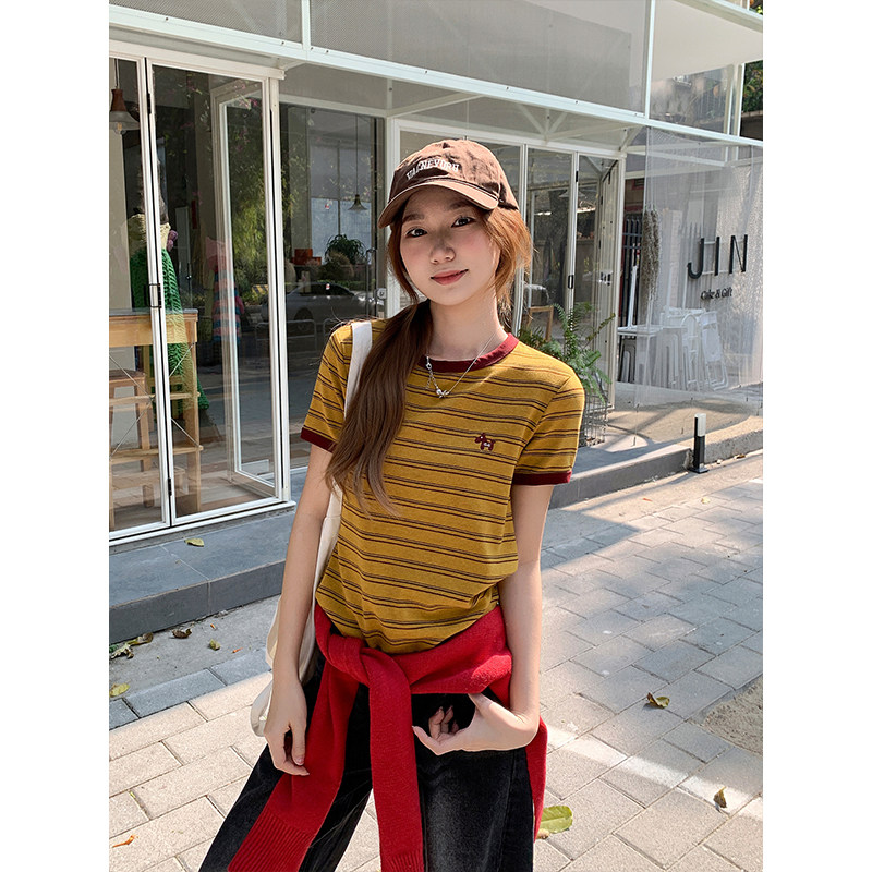 包邮包邮复古条纹撞色卡通刺绣短袖t恤女2026早春新款圆领宽松小
