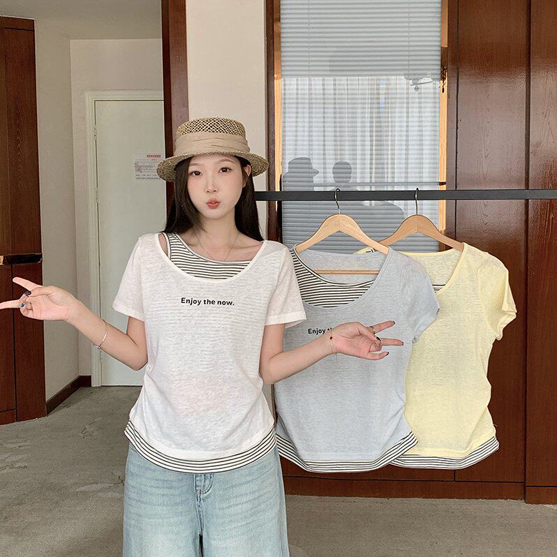 包邮2026夏装新款胖mm大码女撞色拼接条纹印花字母假两件短袖T恤