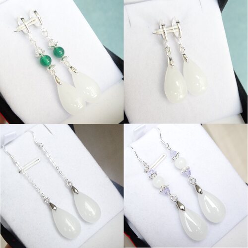 鸿运翡翠纯银白玉水滴耳圈新品