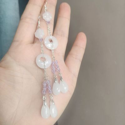 古韵之美新疆和田白玉紫水滴平安扣水滴玉耳坠仙韵百搭纯银玉耳环