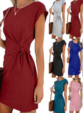 2020年速卖通亚马逊欧美圆领系带短袖连衣裙969#现货