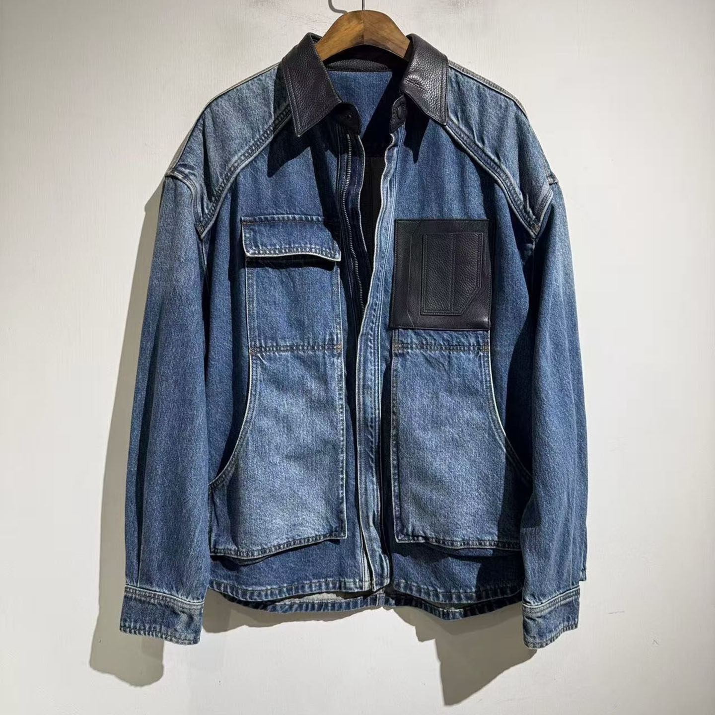 thumbnail for American street 25AW heavy structuralist patchwork leather lapel denim vintage vibe pocket jacket coat