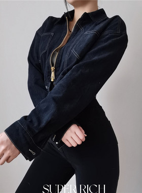 SUP美式复古黑色明线辣妹拉链高腰短款宽松牛仔外套长袖上衣女