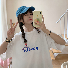 實拍韓版潮流簡約卡通印花恤女寬鬆大碼學生短袖體恤夏季潮