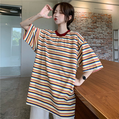 Real shot striped short sleeve T-shirt women's summer new loose Korean style Harajuku style half sleeve top