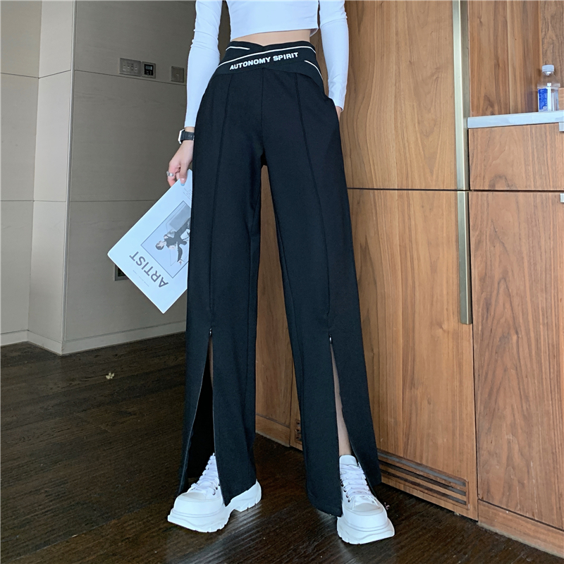 Real shot wide leg pants women's autumn new style Korean high waisted down feeling suit straight tube loose split zipper floor dragging pants