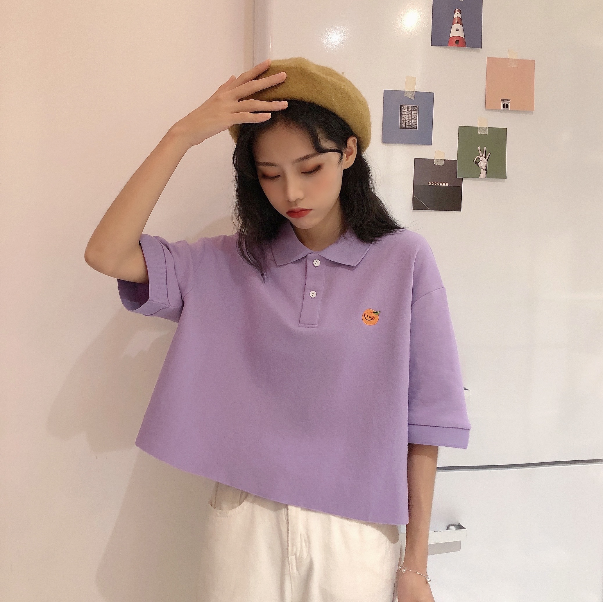 Real shot summer Korean new t-shirt female collar embroidery loose short short short short short sleeve top