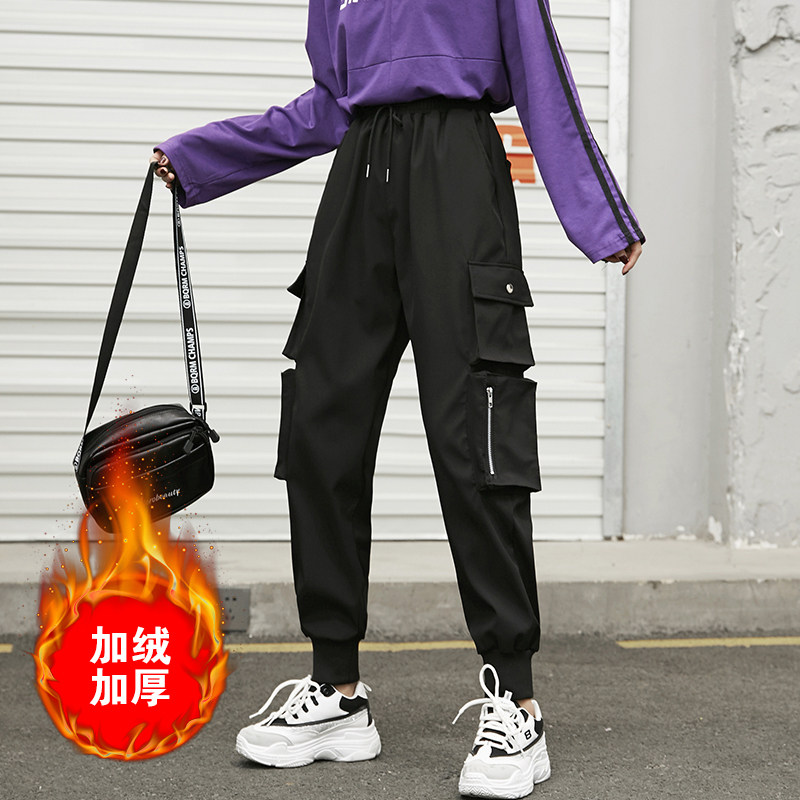 Real shot winter new plush and thickened overalls women's loose fitting students' straight high waisted slim legged casual pants