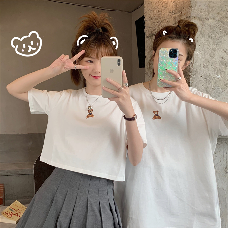 Real photo 2021 new short sleeve long and short girlfriends t-shirt female embroidered bear half sleeve fashion