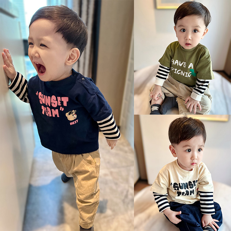 宝宝打底衫2024春秋新款儿童假两件印花卡通T恤上衣男童休闲衣服