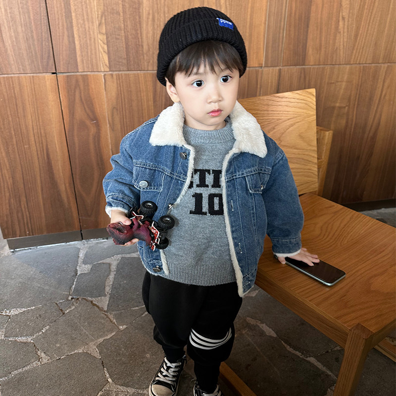 男童加绒牛仔外套秋冬新款宝宝洋气复古加厚毛毛翻领冬季保暖上衣,童装/婴儿装/亲子装,儿童牛仔外套,淘宝优惠券,粉丝福利购,淘宝优惠卷