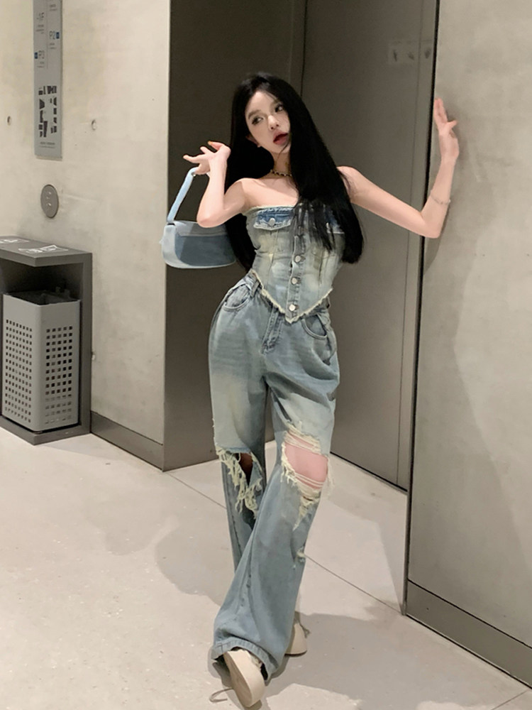핫 소녀 슬림 튜브 탑 찢어진 청바지 2024 가을 새로운 스타일 프랑스 스타일 슬림 패션 슈트