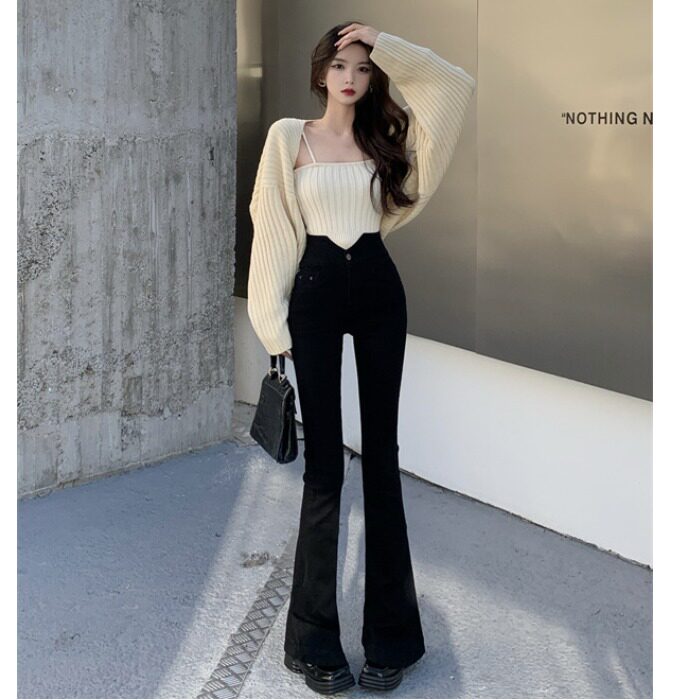 BLACK FLARED JEANS WOMENS 2024 AUTUMN NEW HONG KONG STYLE SMALL MAN INTERNET CELEBRITY HIGH-WAISTED SLIM NICHE HORSESHOE PANTS