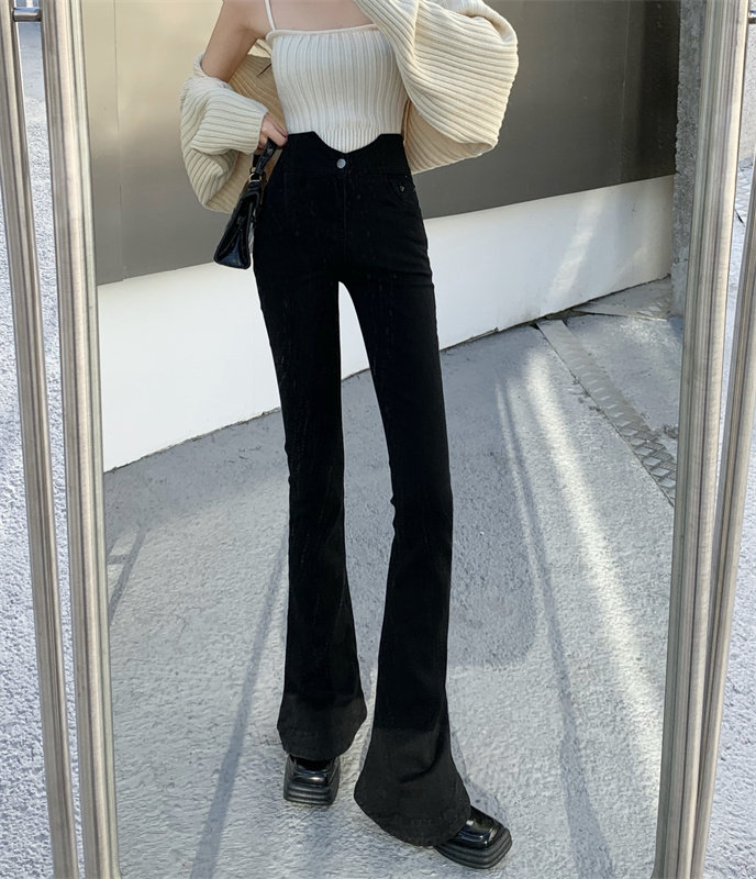 BLACK FLARED JEANS WOMENS 2024 AUTUMN NEW HONG KONG STYLE SMALL MAN INTERNET CELEBRITY HIGH-WAISTED SLIM NICHE HORSESHOE PANTS