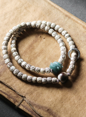 禅意复古新中式星月菩提双圈手串文玩菩提根招财猫国风手链民族风