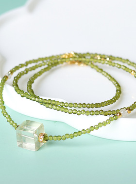 原创黄水晶方糖橄榄绿尖晶小众项链绿水晶叠戴锁骨链清新百搭礼物