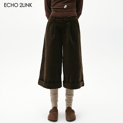 2LINKS｜复古摩登极简 翻边阔腿 后背松紧腰 灯芯绒百搭 九分裤