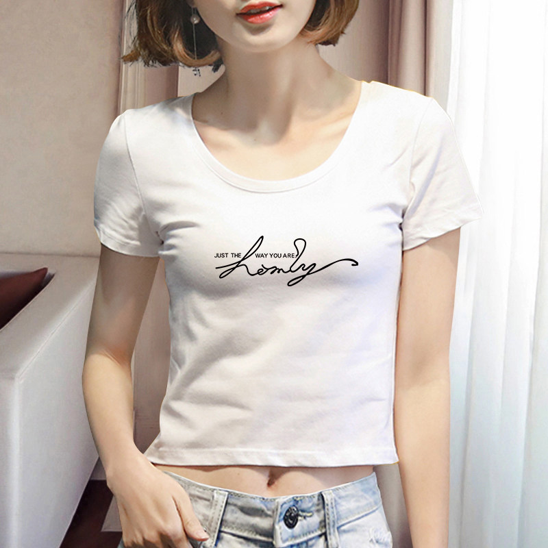 2026夏装新款白色短袖t恤女短款露脐上衣服紧身漏肚脐高腰体桖棉