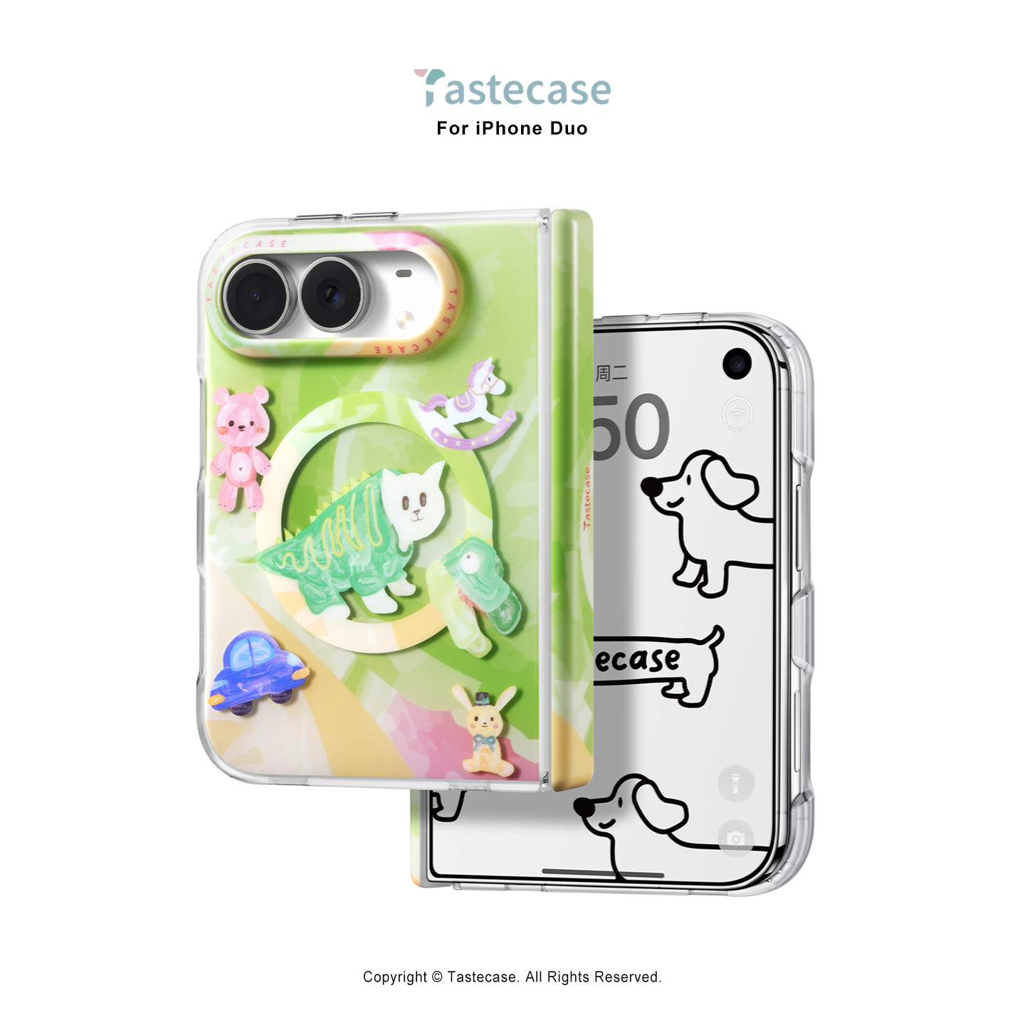 Tastecase恐龙猫磁吸手机壳适用苹果iPhone Duo阔折叠屏带中轴保护壳新款原创可爱小猫咪动物支架防摔磨砂套