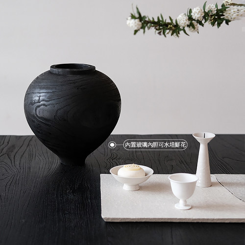 侘寂中古花瓶木质水培鲜花插花客厅餐桌装饰摆件复古高级峰峰黑色
