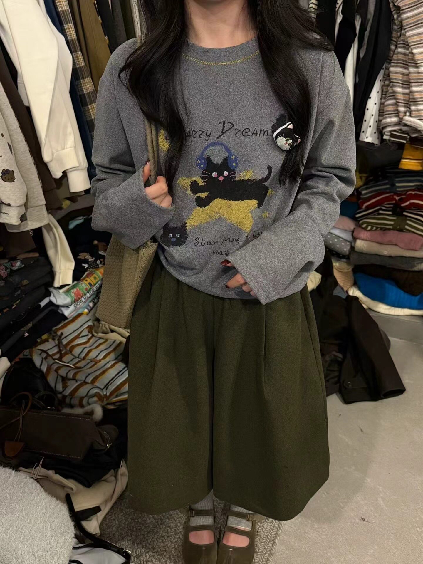 韩式chic卡通印花圆领卫衣女秋冬新款宽松薄款灰色慵懒风套头上衣