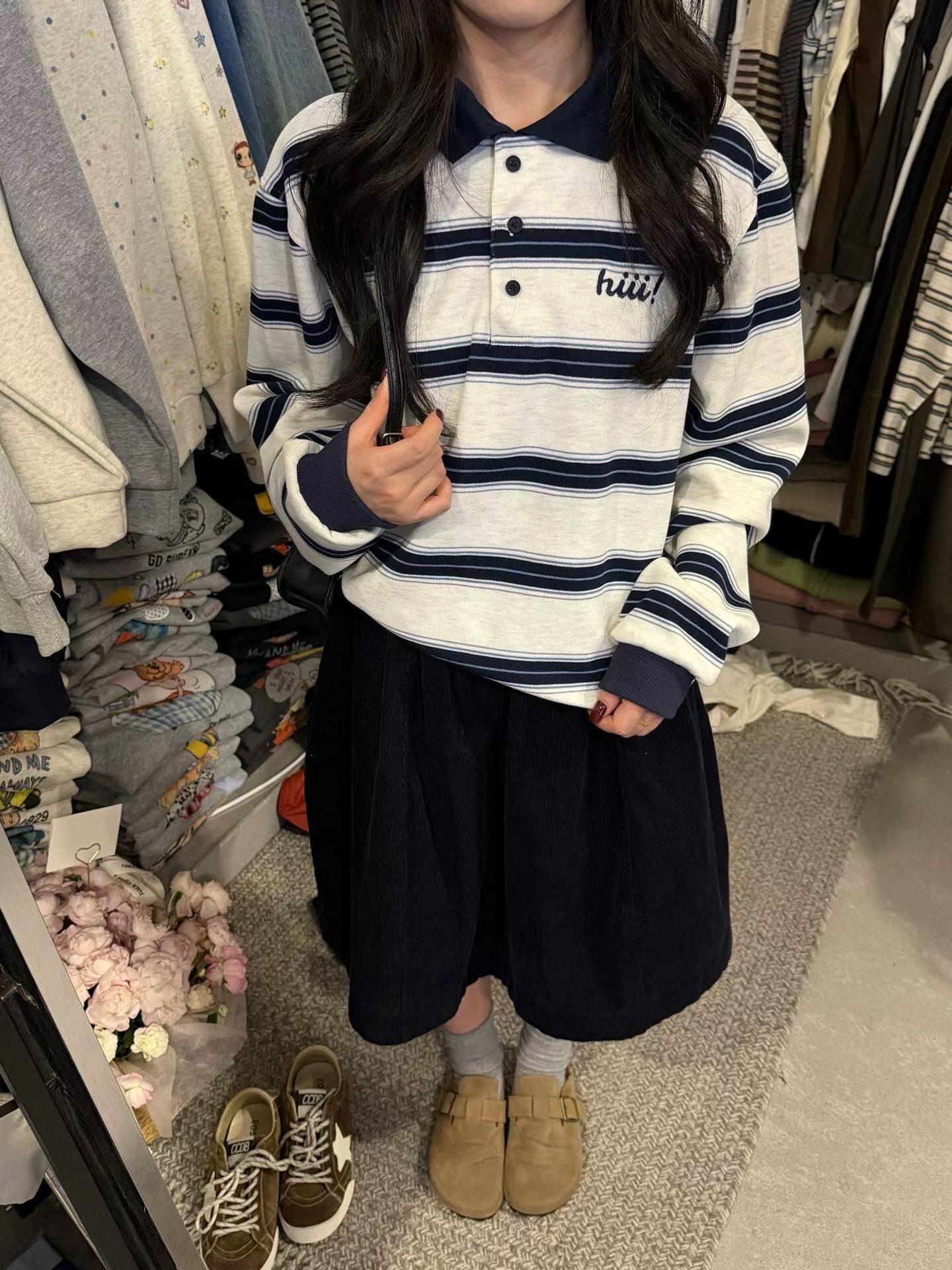 2026学院卫衣秋季新款长袖条纹复古拼色Polo衫宽松百搭休闲上衣女