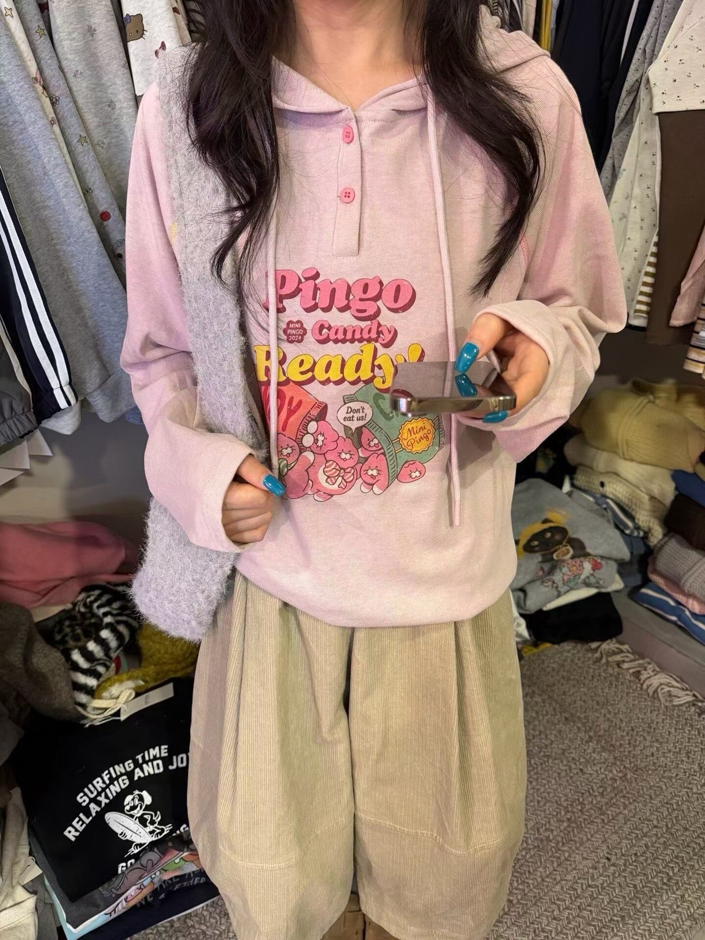韩系卡通印花爆米花连帽卫衣女2T恤