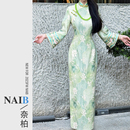 针织提花英花绿颜倒大袖 画报夫人改良款 绿色旗袍原创自制春秋厚款