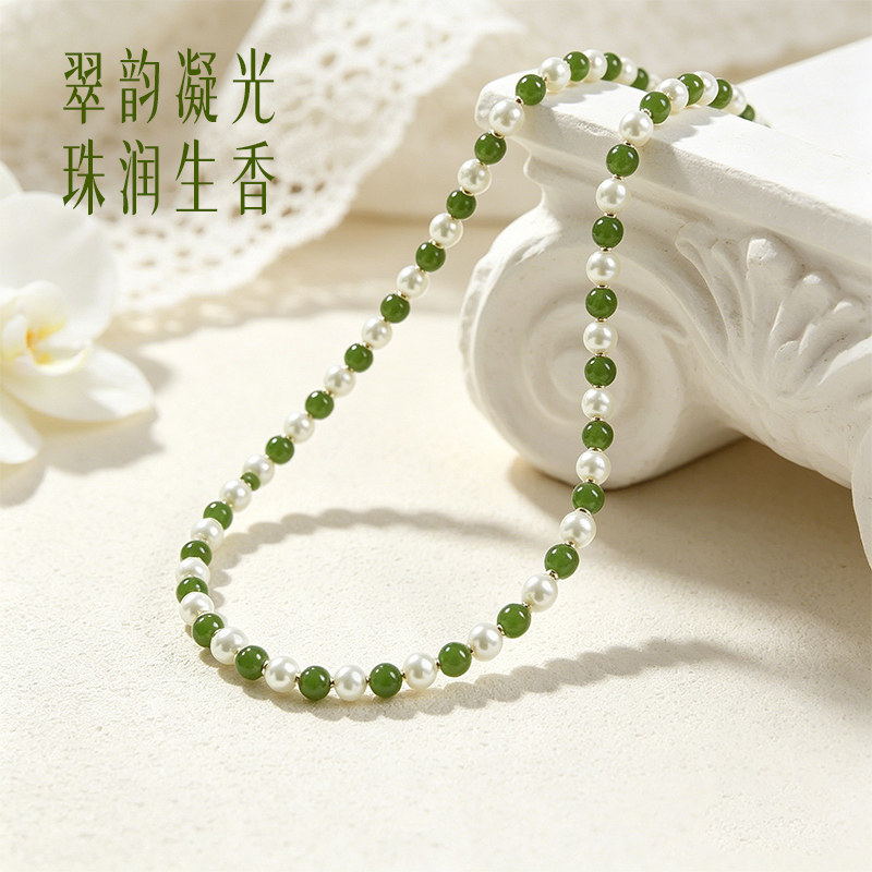 天然和田玉菠菜绿碧玉天然淡水珍珠项链轻奢链百搭项链女国风送礼
