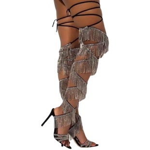 欧洲站网红嫩模水钻流苏长筒凉靴性交叉绑带女细高跟凉鞋