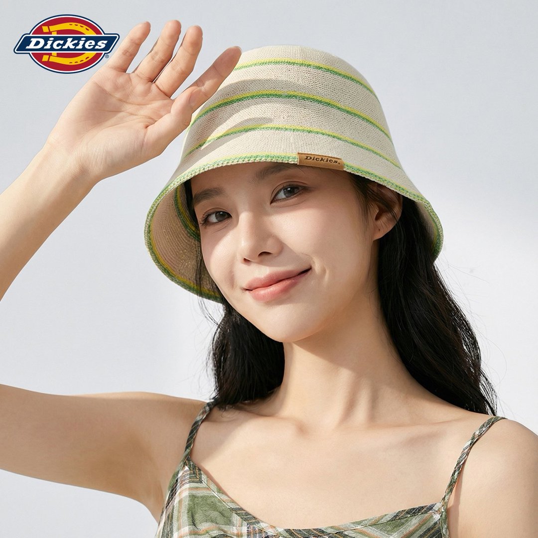 Dickies日系条纹针织渔夫帽女夏季透气防晒遮阳显脸小百搭水桶帽