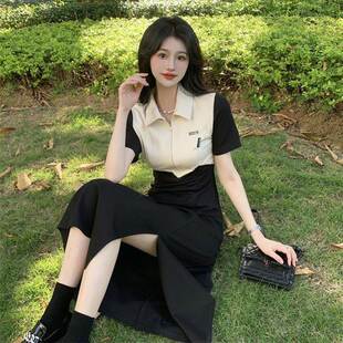 撞色设计感开叉连衣裙女春夏韩版2026新款POLO领收腰显瘦短袖裙子