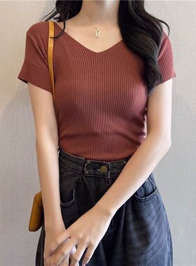 冰丝T恤女夏V领短袖春夏新款韩版修身打底上衣百搭针织衫纯色学生