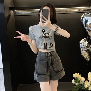减龄笑脸刺绣套装女欧洲站2026夏新款欧货宽松短袖T恤短裤两件套